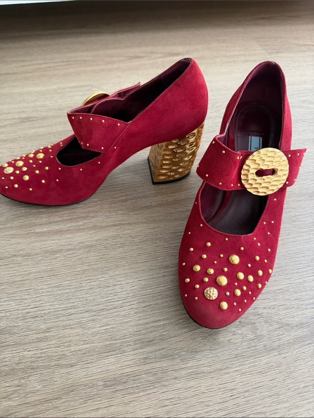 Prada Red Suede Mary Jane Heels with Gold Studs and Sculpted Heel